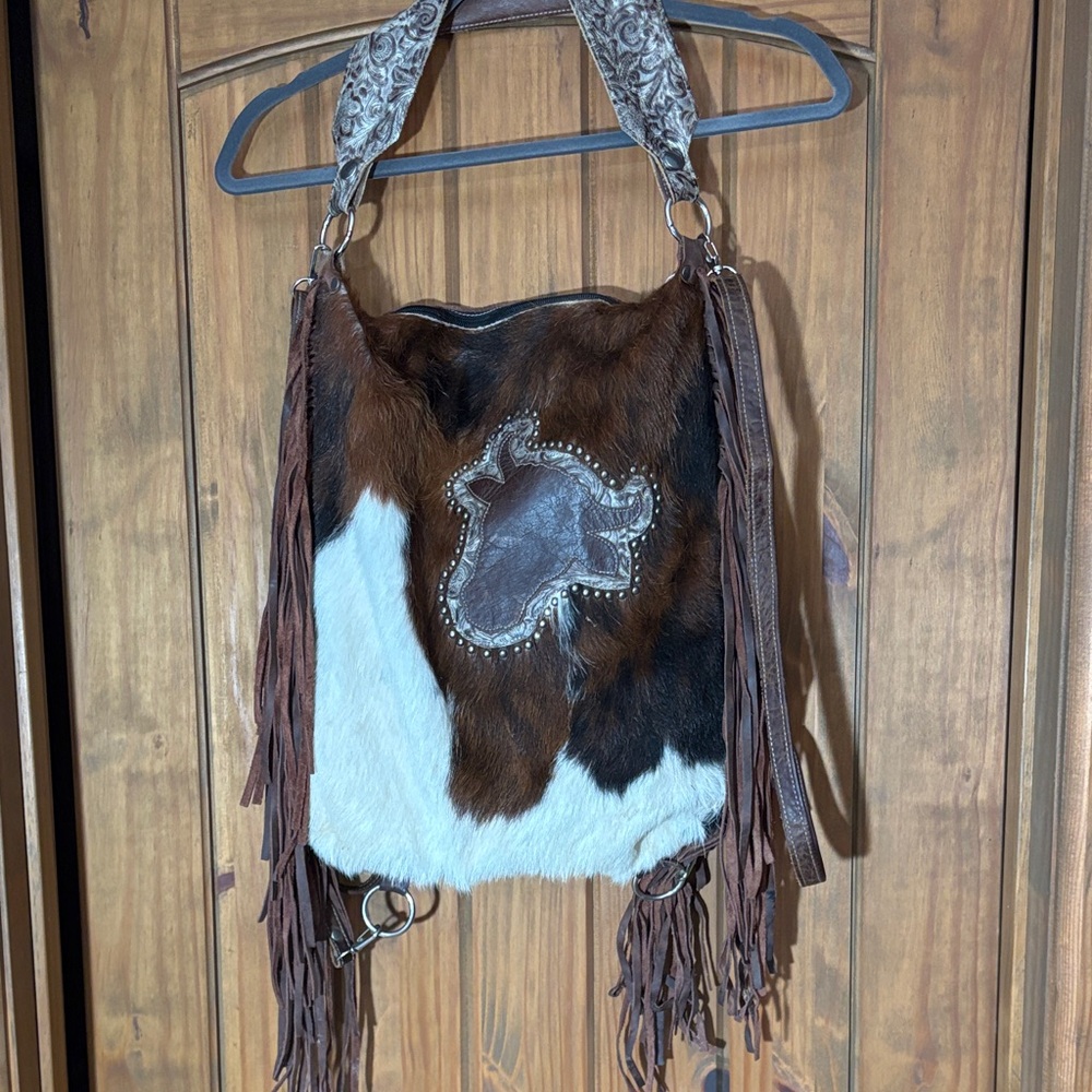 Cowhide Leather Holy Cow Couture Bag Pack / Backpack Shoulder Bag with Fringe